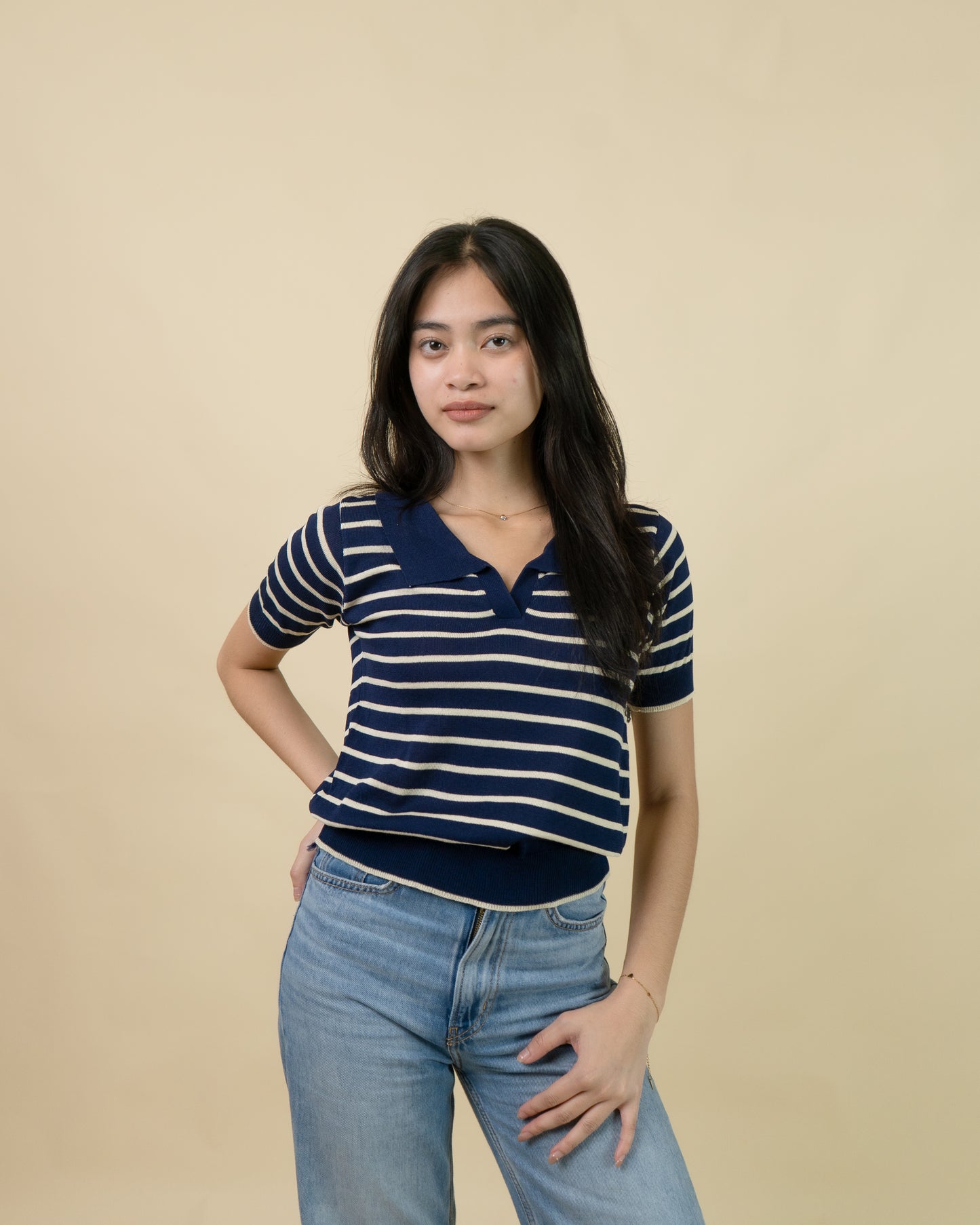 AVEN Stripe Knit Collar Top