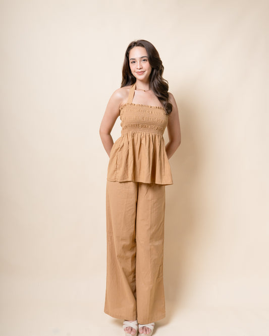 FARISSE Ruched Halter Peplum Top + Pants Linen Set