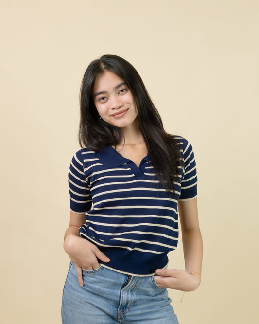 AVEN Stripe Knit Collar Top