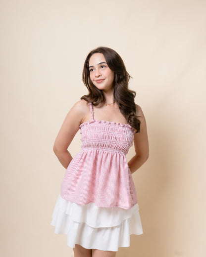 MIRVIA Ruched Linen Peplum Top