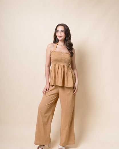 FARISSE Ruched Halter Peplum Top + Pants Linen Set
